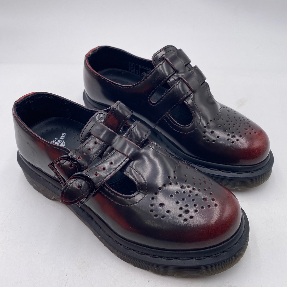 Dr. Martens 8065 Mary Jane Shoes Womens 5 Burgundy Rub Off Leather Double Strap